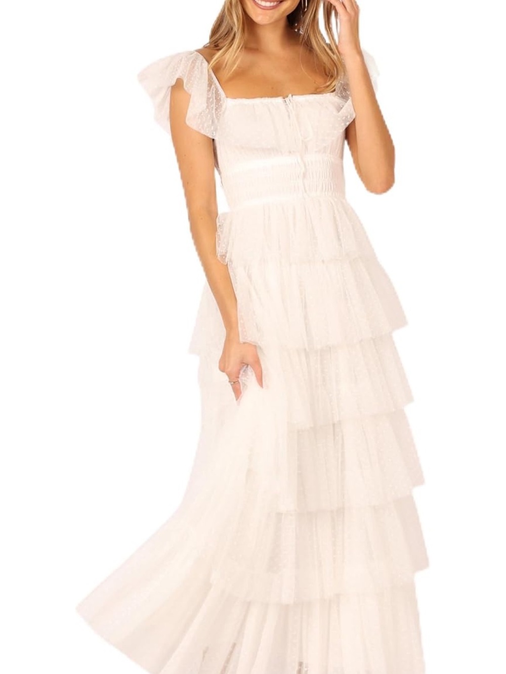 Petal & Pup White Tiered Dot Tulle Maxi Dress